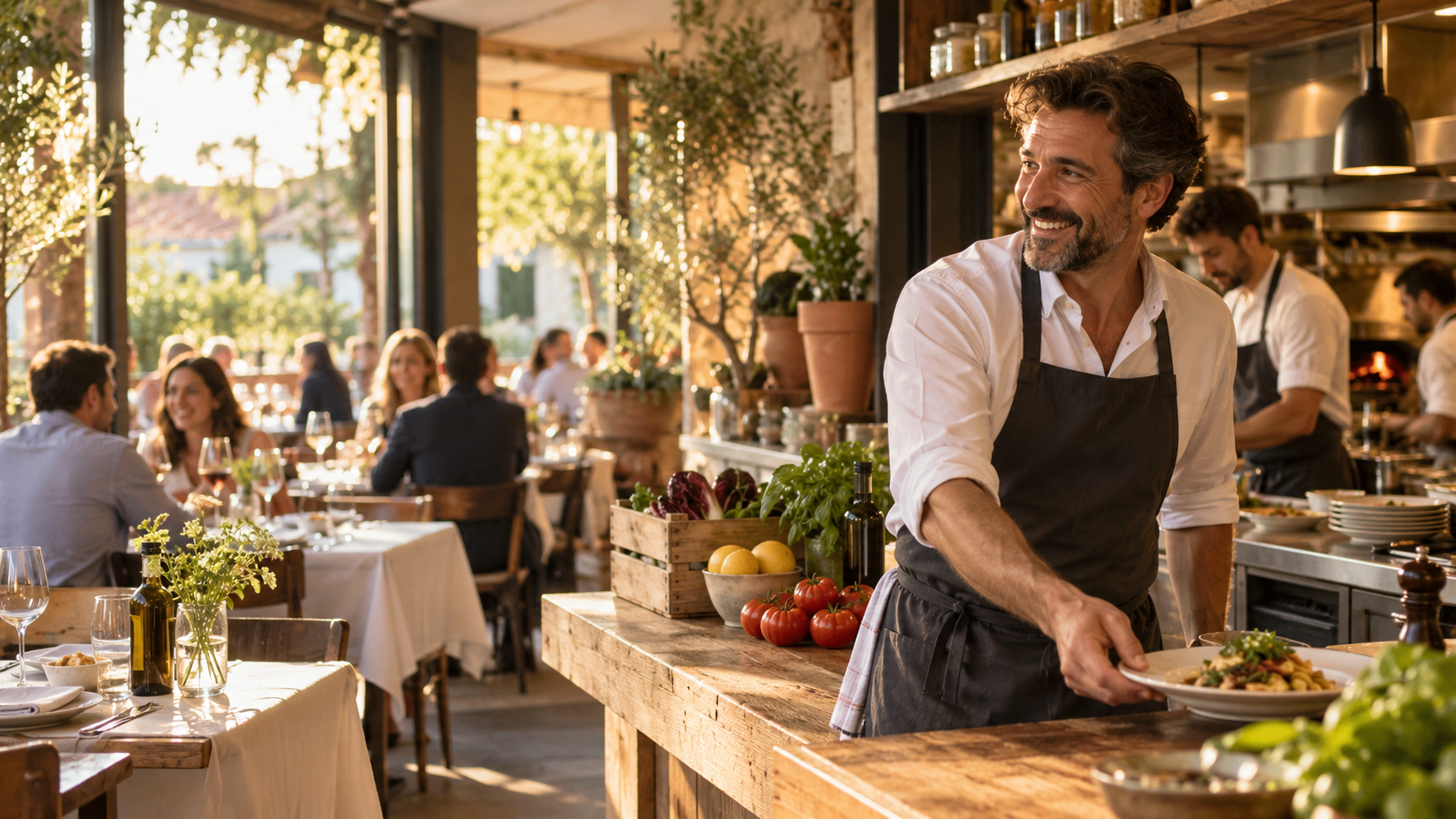 Italienischer Gastgeber in seinem lebendigen Restaurant